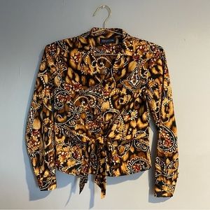 Vintage Jones of New York Collared Tie Blouse 70s style pattern brown peplum‎